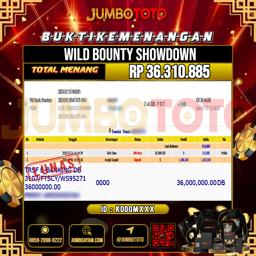JUMBOTOTO JACKPOT SLOT WILD BOUNTY SHOWDOWN Rp.36.310.885 LUNAS USER ID : KODOM***