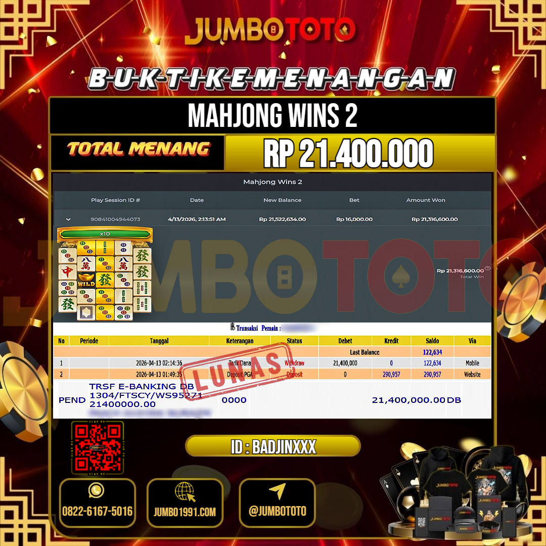 JUMBOTOTO JACKPOT SLOT MAHJONG WINS 2 Rp.21.400.000 LUNAS USER ID : BADJIN***