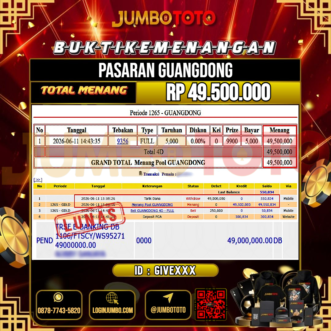 JUMBOTOTO JACKPOT TOGEL PASARAN GUANGDONG Rp.49.500.000 LUNAS USER ID : GIVE***