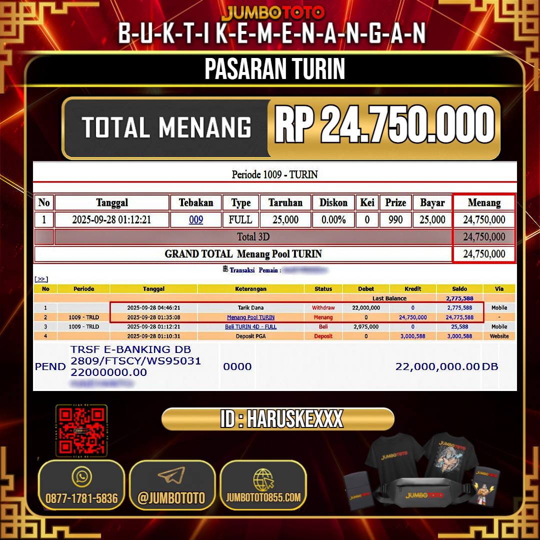 JUMBOTOTO JACKPOT TOGEL PASARAN TURIN Rp.24.750.000 LUNAS USER ID : HARUSKE***