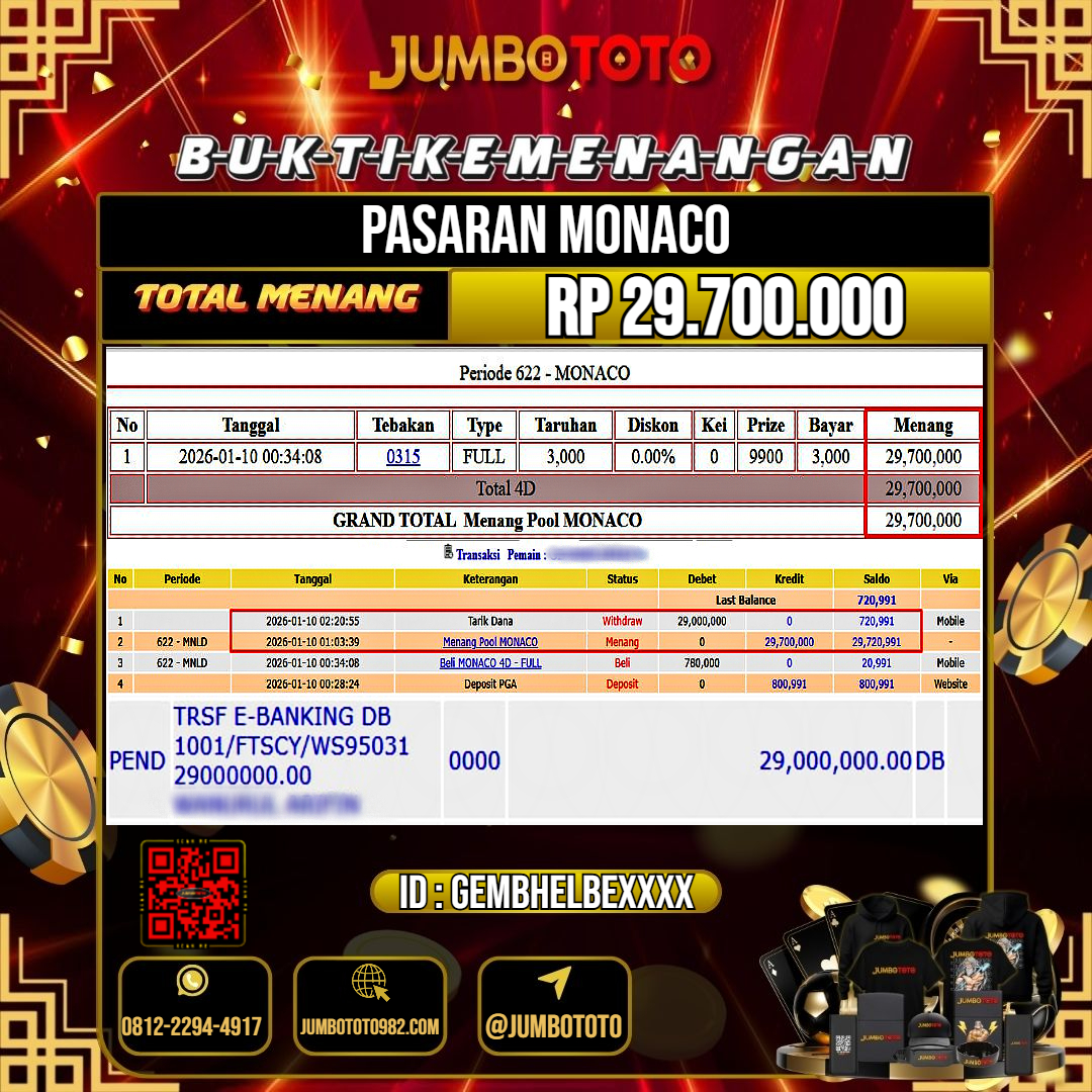 JUMBOTOTO JACKPOT TOGEL PASARAN MONACO Rp.29.700.000 LUNAS USER ID : GEMBHELBE***