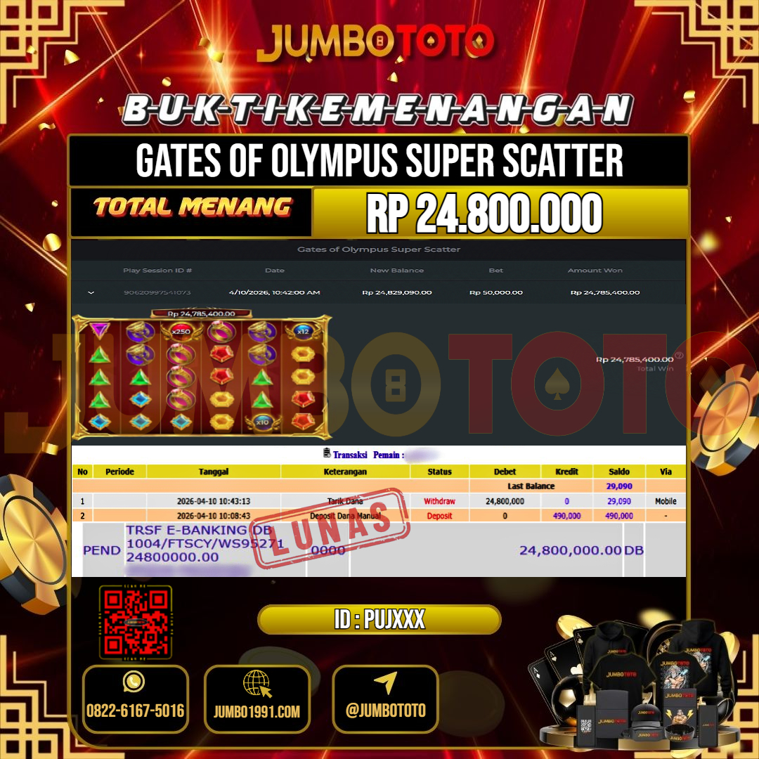 JUMBOTOTO JACKPOT SLOT GATES OF OLYMPUS SUPER SCATTER Rp.24.800.000 LUNAS USER ID : PUJ***