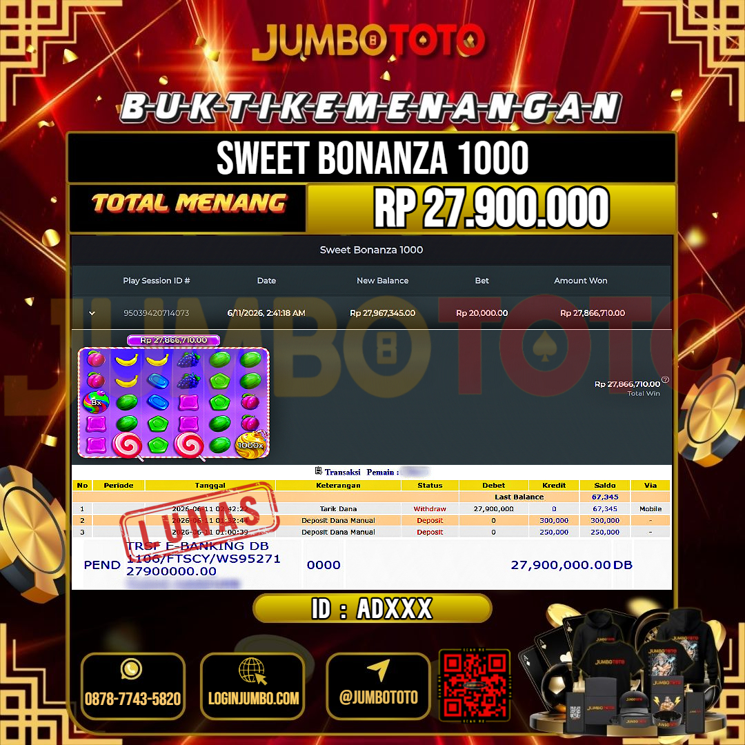 JUMBOTOTO JACKPOT SLOT SWEET BONANZA 1000 Rp.27.900.000 LUNAS USER ID : AD***