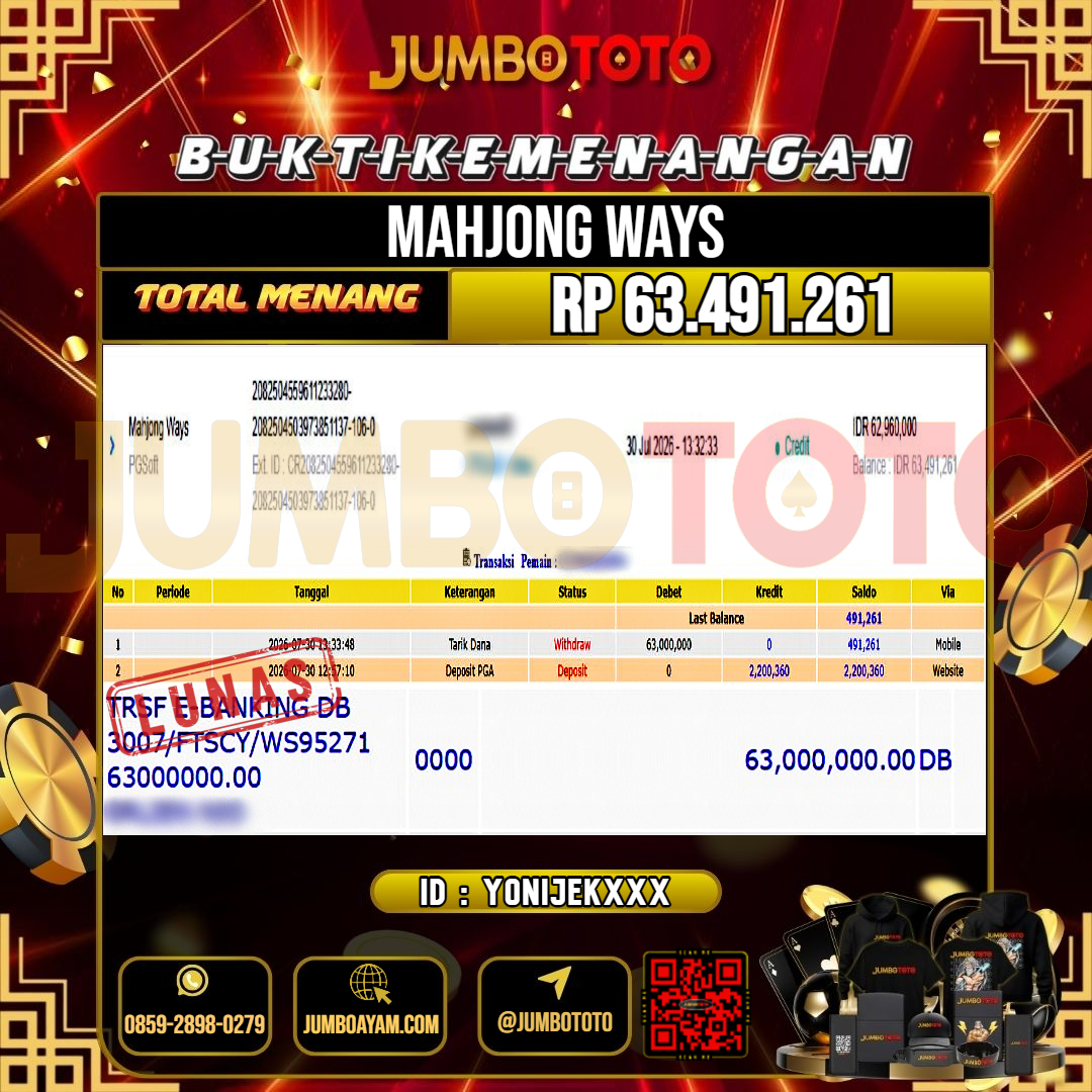 JUMBOTOTO JACKPOT SLOT MAHJONG WAYS Rp.63.491.261 LUNAS USER ID : YONIJEK***