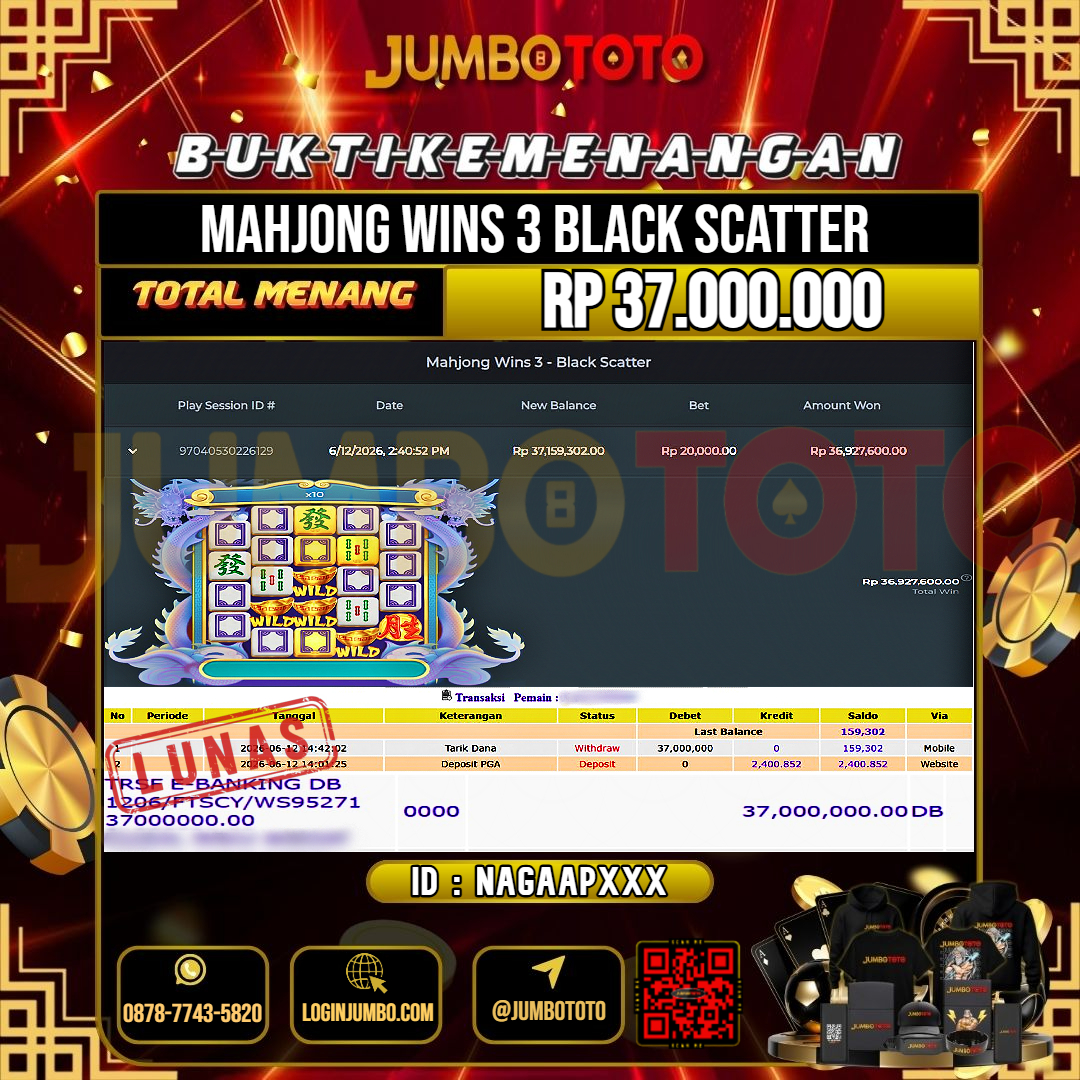 JUMBOTOTO JACKPOT SLOT MAHJONG WINS 3 BLACK SCATTER Rp.37.000.000 LUNAS USER ID : NAGAAP***