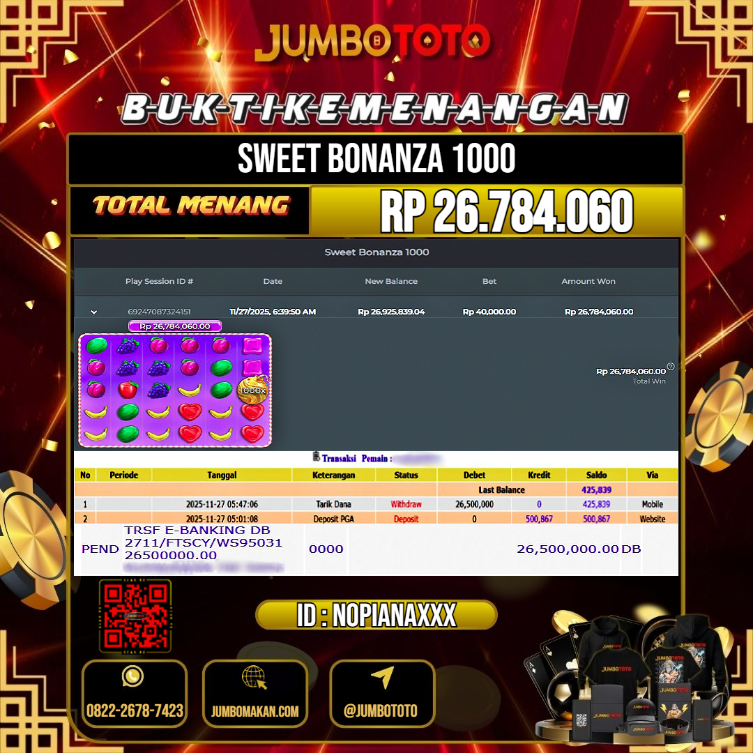 JUMBOTOTO JACKPOT SLOT SWEET BONANZA 1000 Rp.26.784.060 LUNAS USER ID : NOPIANA***