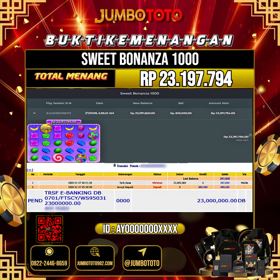 JUMBOTOTO JACKPOT SLOT SWEET BONANZA 1000 Rp.23.197.794 LUNAS USER ID : AYOOOOOOO***