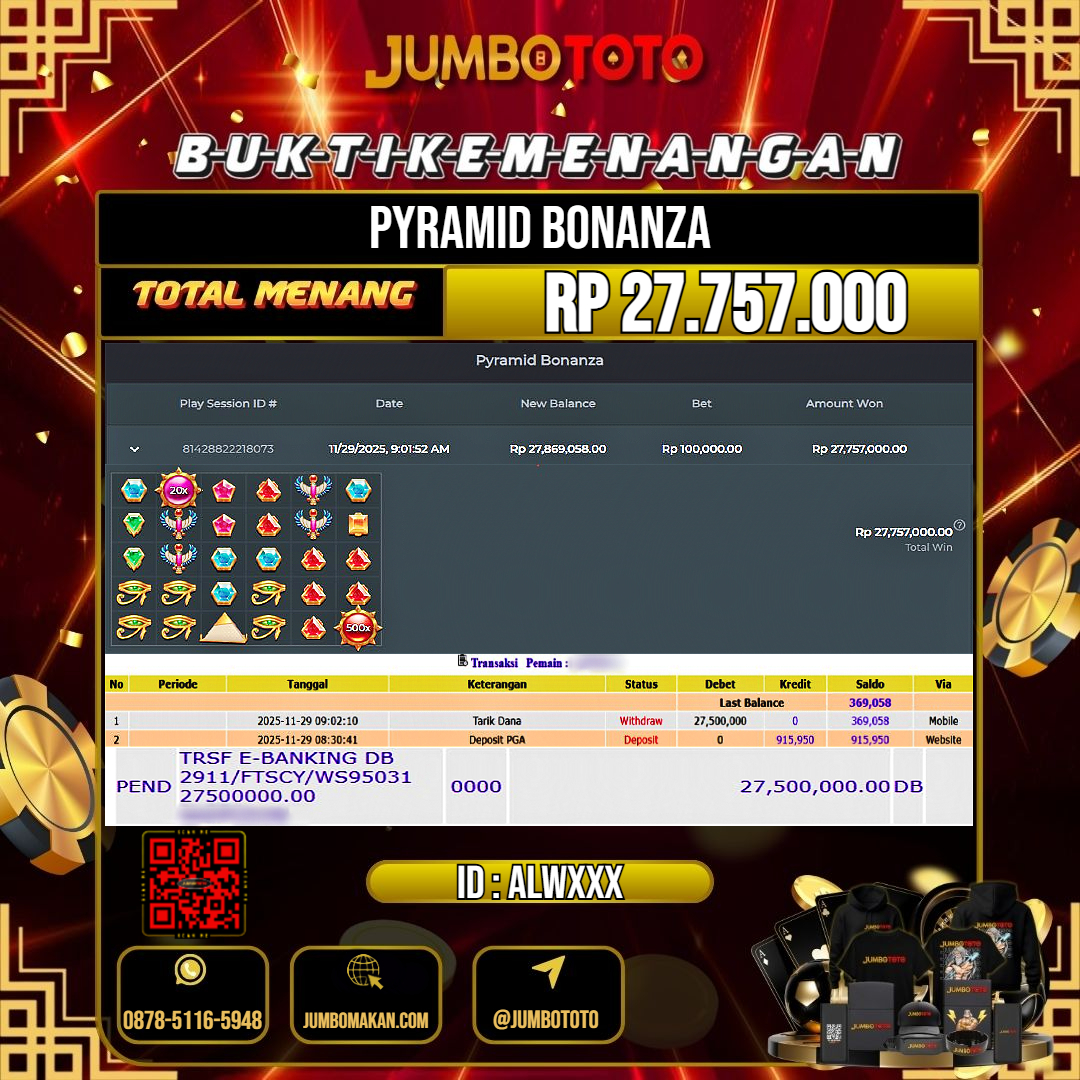 JUMBOTOTO JACKPOT SLOT PYRAMID BONANZA Rp.27.757.000 LUNAS USER ID : ALW***