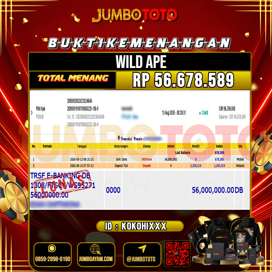 JUMBOTOTO JACKPOT SLOT WILD APE Rp.56.678.589 LUNAS USER ID : KOKOHI***