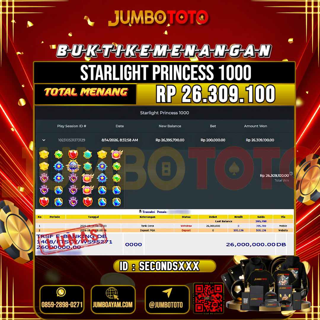 JUMBOTOTO JACKPOT SLOT STARLIGHT PRINCESS 1000 Rp.26.309.100 LUNAS USER ID : SECONDS***
