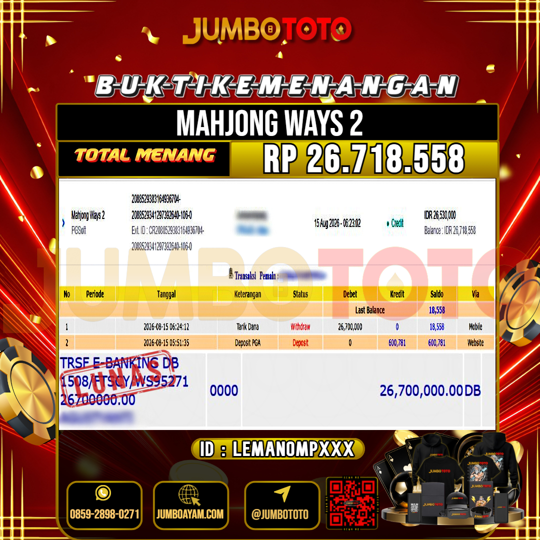 JUMBOTOTO JACKPOT SLOT MAHJONG WAYS 2 Rp.26.718.558 LUNAS USER ID : LEMANOMP***