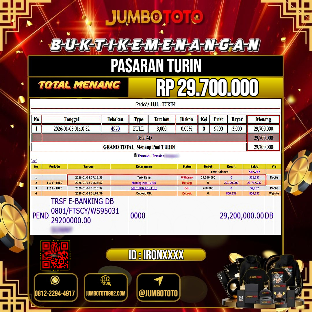 JUMBOTOTO JACKPOT TOGEL PASARAN TURIN Rp.29.700.000 LUNAS USER ID : IRON***