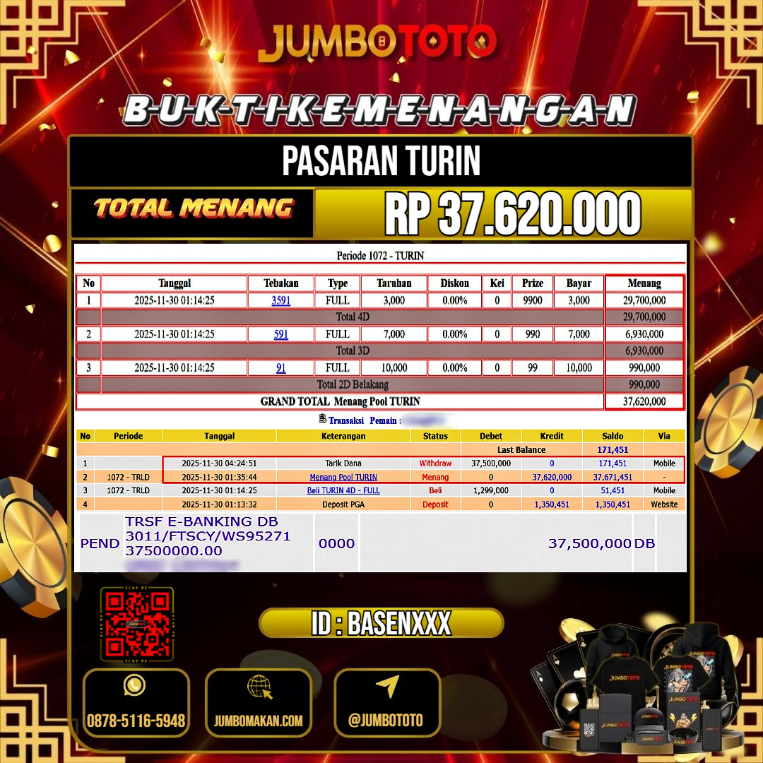 JUMBOTOTO JACKPOT TOGEL PASARAN TURIN Rp.37.620.000 LUNAS USER ID : BASEN***