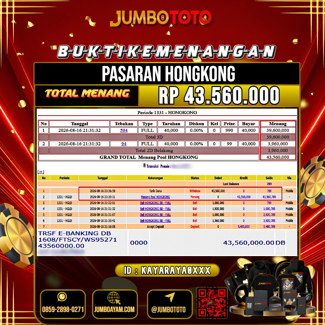 JUMBOTOTO JACKPOT TOGEL PASARAN HONGKONG Rp.43.560.000 LUNAS USER ID : KAYARAYA0***