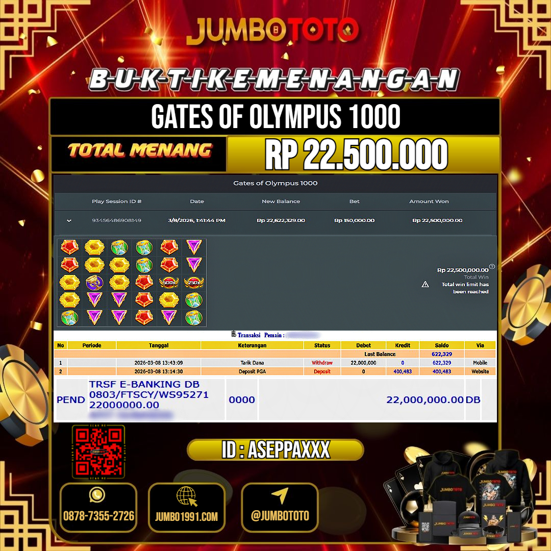 JUMBOTOTO JACKPOT SLOT GATES OF OLYMPUS 1000 Rp.22.500.000 LUNAS USER ID : ASEPPA***