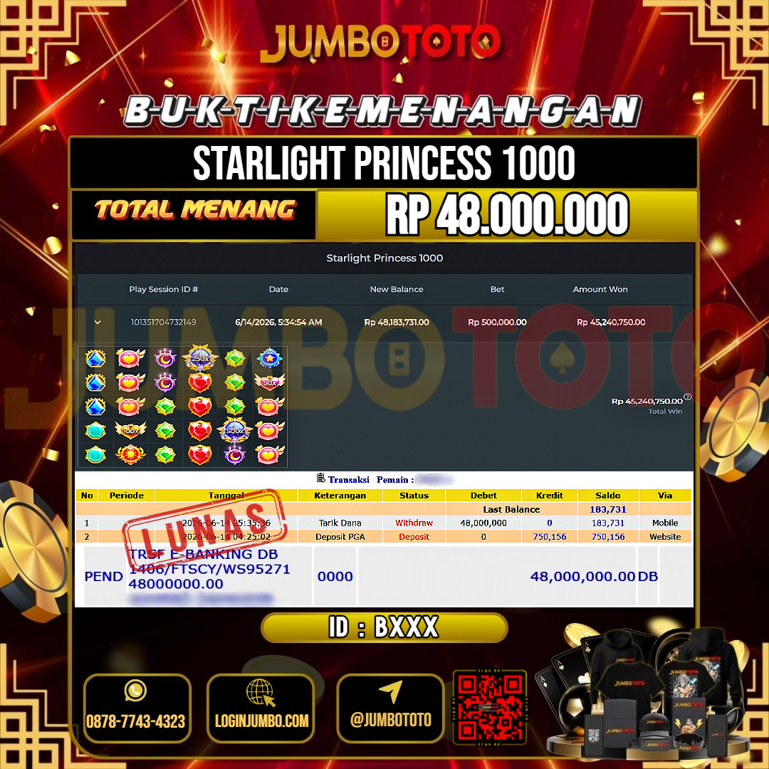 JUMBOTOTO JACKPOT SLOT STARLIGHT PRINCESS 1000 Rp.48.000.000 LUNAS USER ID : B***