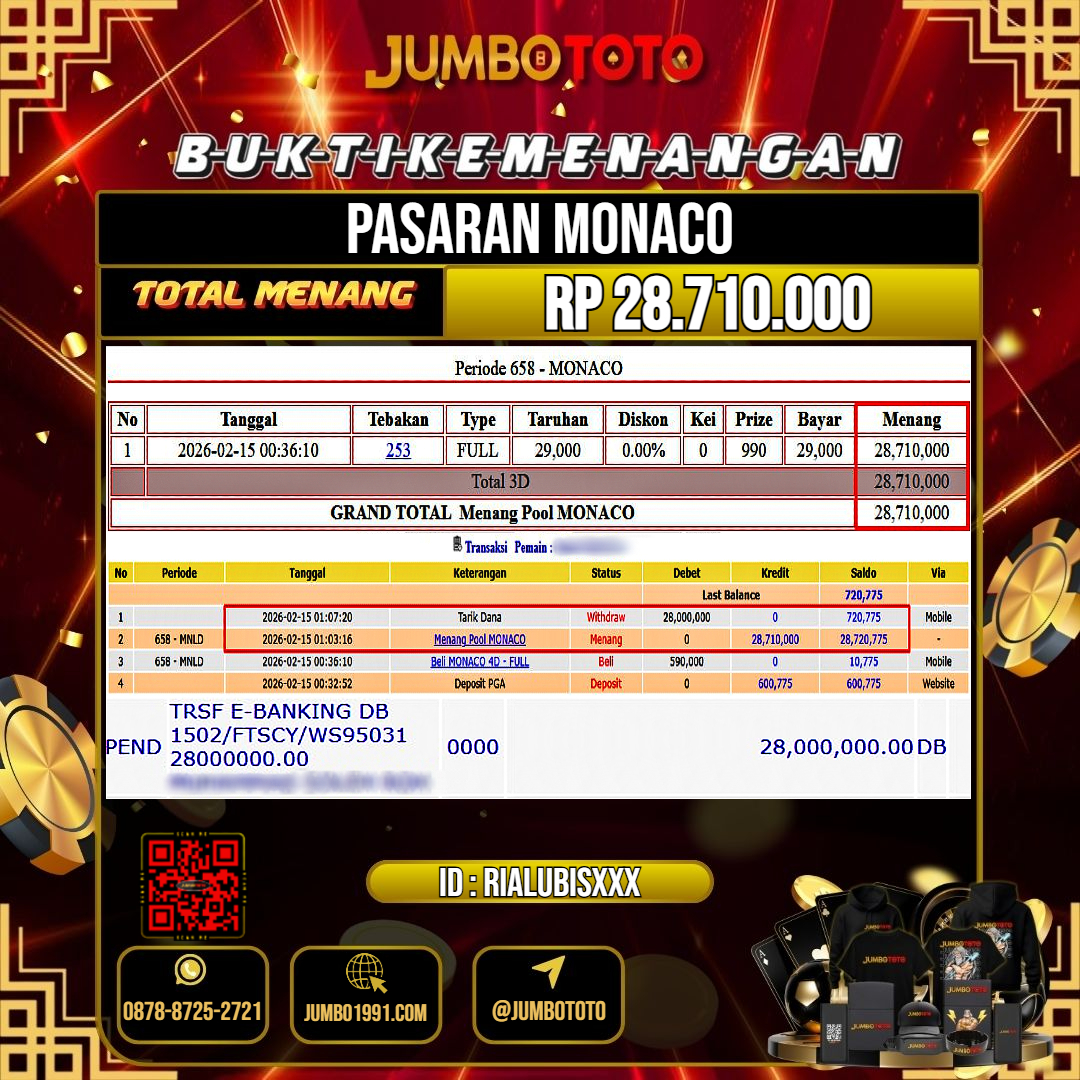 JUMBOTOTO JACKPOT TOGEL PASARAN MONACO Rp.28.710.000 LUNAS USER ID : RIALUBIS***